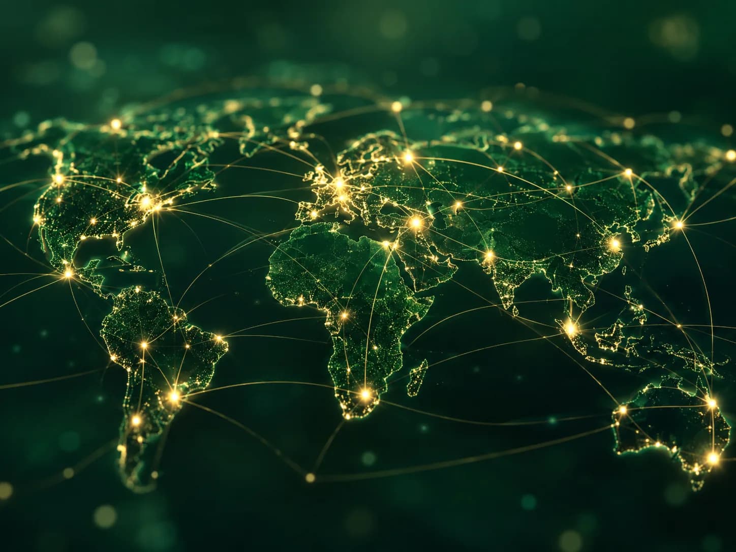 A glowing global network of connections across a green world map