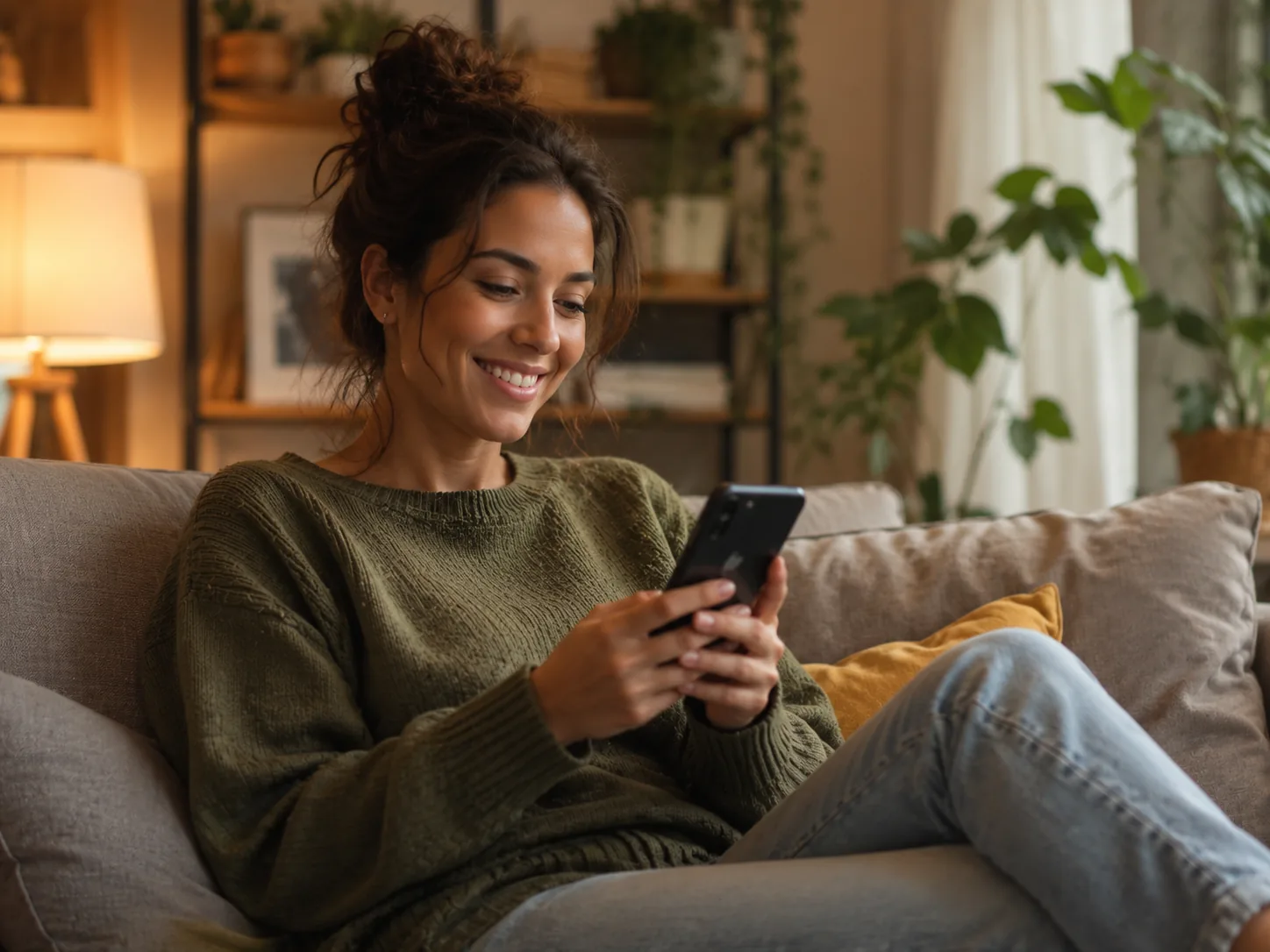A relaxed person smiling at their phone at home